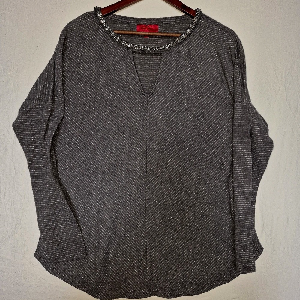 Jennifer Lopez Gray Striped Knit Beaded V-Neck Long Sleeve Top Women's XL Trendy